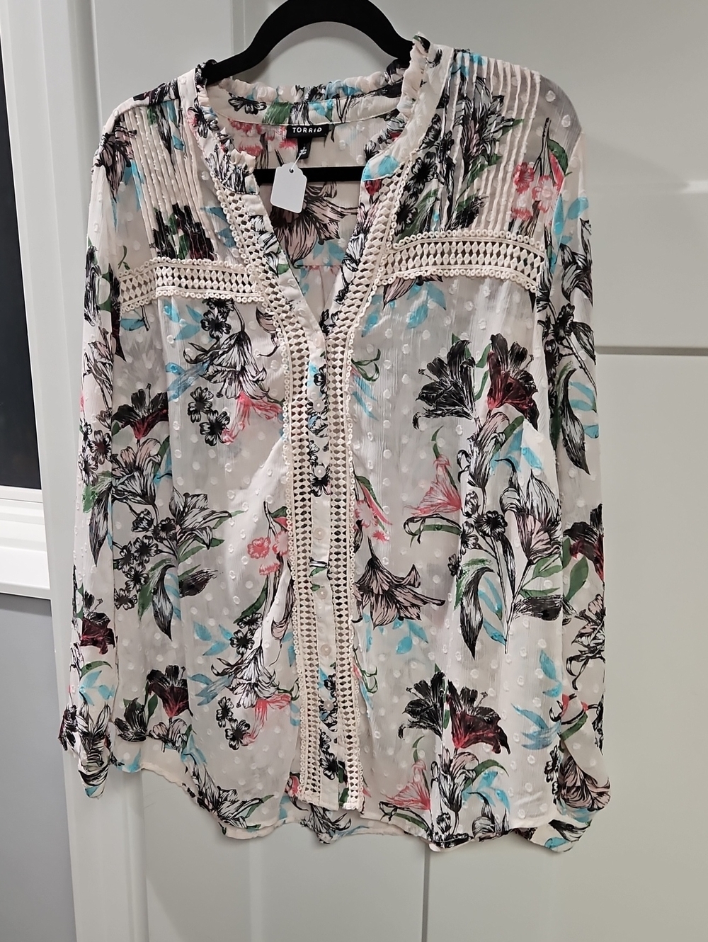 torrid White Sheer Floral Crochet-Trim Blouse with Teal & Pink Accents